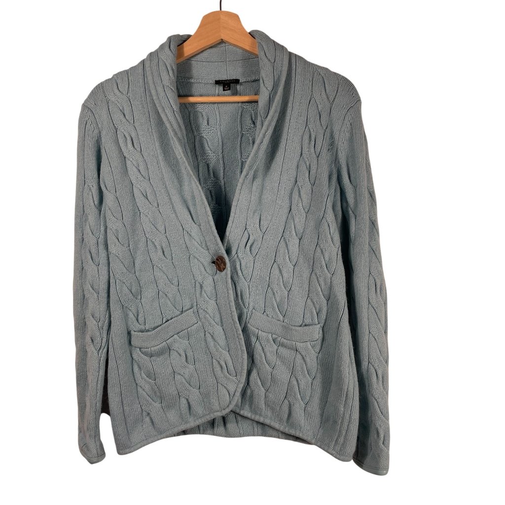 Talbots Women's Wool Blend Cable Knit Shawl Collar Sweater Cardigan Blue Size Sp